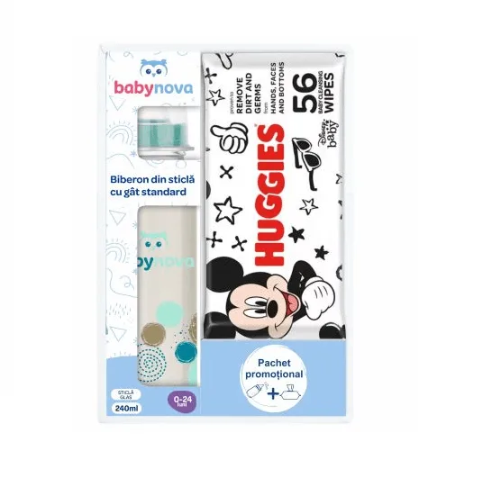 Baby Nova Pachet Biberon din sticla 0-24 luni 240 ml + Servetele umede Huggies Disney 56 bucati — preț și oferte