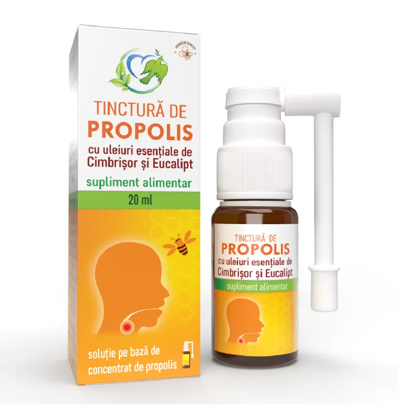 Tinctura de propolis cu uleiuri esentiale de cimbrisor si eucalipt, 20 ml, Justin Pharma — preț și oferte