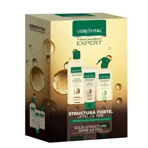 Gerovital Tratament Expert caseta 44440 (Sampon regenerant 250ml + Masca regeneranta150ml + Ser termoprotector 150ml) 1 pach. Farmec — preț și oferte