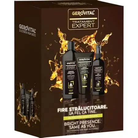 Gerovital Tratament Expert caseta 44670 (Sampon hidratant cu argan 250ml + Masca hidratanta cu argan 150ml + Ulei hidratant de argan)  1 Pach. Farmec — preț și oferte