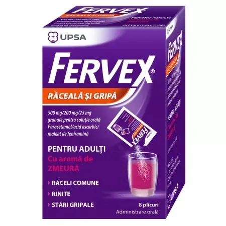 Fervex Raceala si Gripa cu aroma de zmeura 500mg/200mg/25mg, 8 plicuri, Upsa — preț și oferte