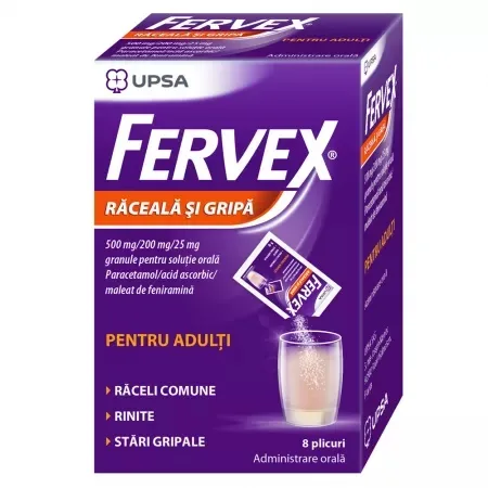 Fervex Raceala si Gripa pentru adulti 500mg/200mg/25mg, 8 plicuri, Upsa — preț și oferte