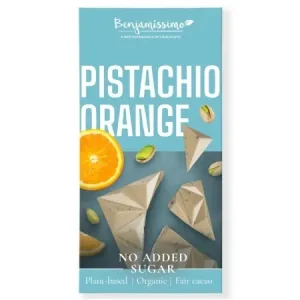 Ciocolata Bio alba cu fistic si portocala fara zahar adaugat, 60 g, Benjamissimo