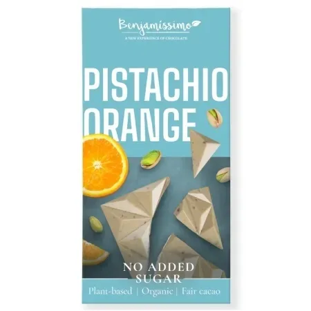 Ciocolata Bio alba cu fistic si portocala fara zahar adaugat, 60 g, Benjamissimo — preț și oferte