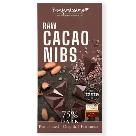 Ciocolata neagra 75% bio cu cacao nibs, 60 g, Benjamissimo — preț și oferte