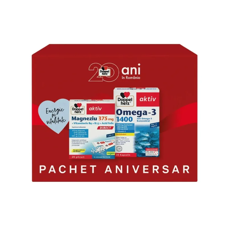 Pachet Aktiv Omega 3 1400mg, 30 capsule + Aktiv Mg 375mg Direct+B6+B12+acid folic, 20 plicuri, Doppelherz — preț și oferte
