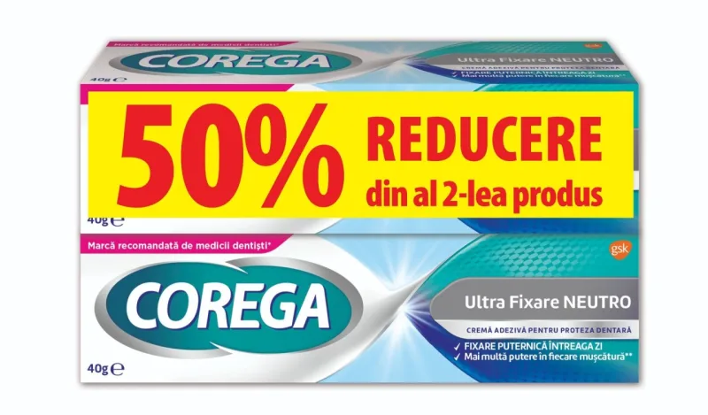 Pachet crema adeziva pentru proteze Ultra Fixare Neutro, 40g, 1+1-50%, Corega — preț și oferte