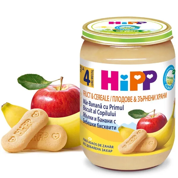 HIPP mar, banana cu primul biscuit al copilului BIO 4luni+, 190 g — preț și oferte