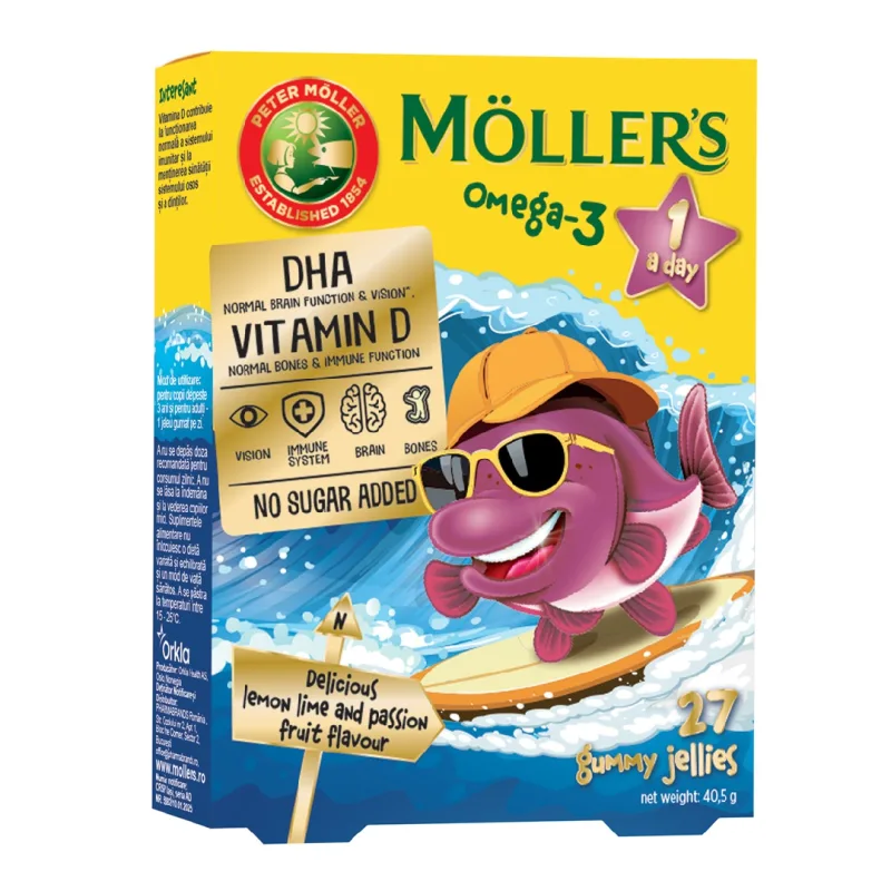 Pestisori gumati cu Omega-3 si aroma fructul pasiunii, 27 jeleuri, Moller's — preț și oferte