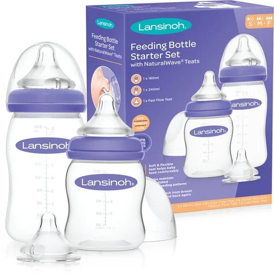 Set biberon M, 160ml, 1 bucata + biberon S, 240ml, 1 bucata + tetina flux rapid, 1 bucata, Lansinoh — preț și oferte