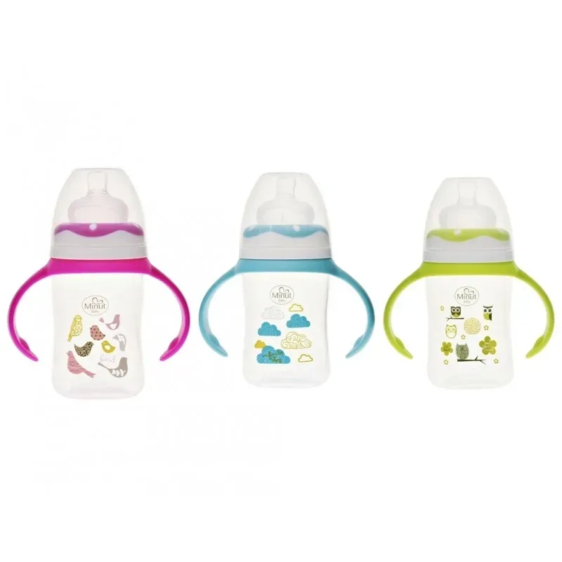 Biberon cu gat larg si manere, tetina silicon, 0+, 150 ml, Minut Baby — preț și oferte