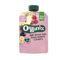 Piure din ovaz cu mere, banane, zmeura si coacaze bio, +12 luni, 100g, Organix