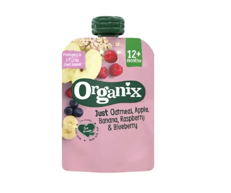 Piure din ovaz cu mere, banane, zmeura si coacaze bio, +12 luni, 100g, Organix — preț și oferte