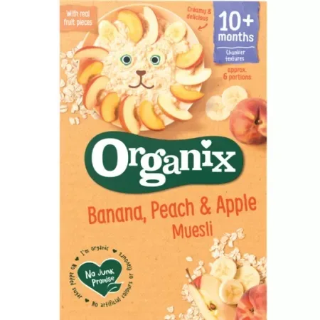 Cereale musli cu banane, piersici si mar bio, +10 luni, 200g, Organix — preț și oferte