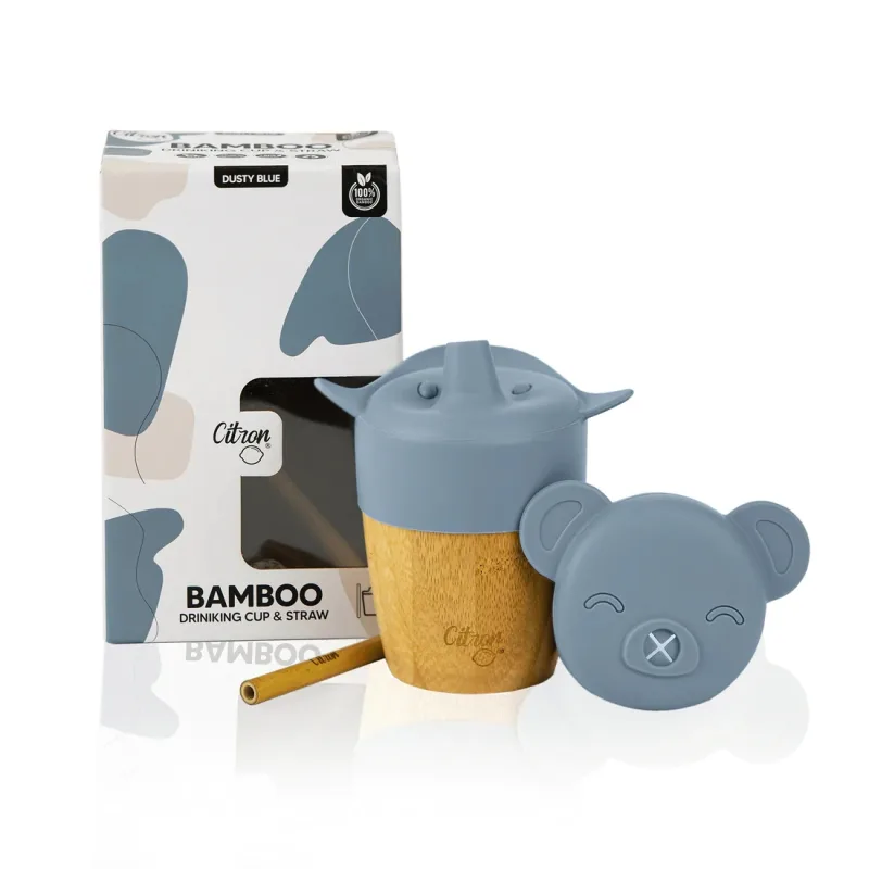 Cana din bambus cu pai si capac - Dusty Blue, 180ml, Citron — preț și oferte