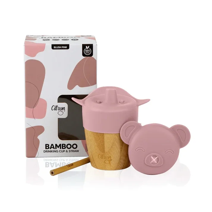Cana din bambus cu pai si capac - Blush Pink, 180ml, Citron — preț și oferte
