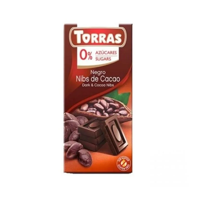 TORRAS Ciocolata neagra cu bucatele de cacao fara zahar si fara gluten, 75g — preț și oferte