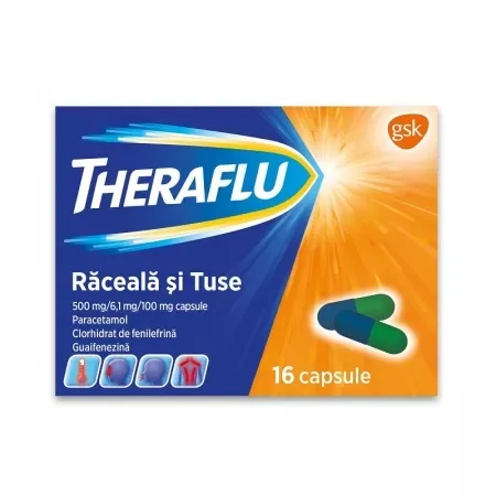 Theraflu raceala si tuse, 500mg/6,1mg/100mg, 16 capsule, Gsk GLAXOSMITHKLINE — preț și oferte