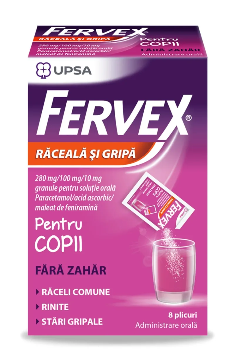 Fervex pentru copii fara zahar, 280mg/100 mg/10 mg, 8 plicuri, Upsa — preț și oferte