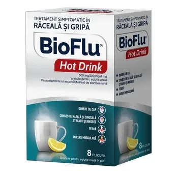 Bioflu Hot Drink 500mg/200mg/4mg granule pentru solutie orala, 8 plicuri, Biofarm — preț și oferte