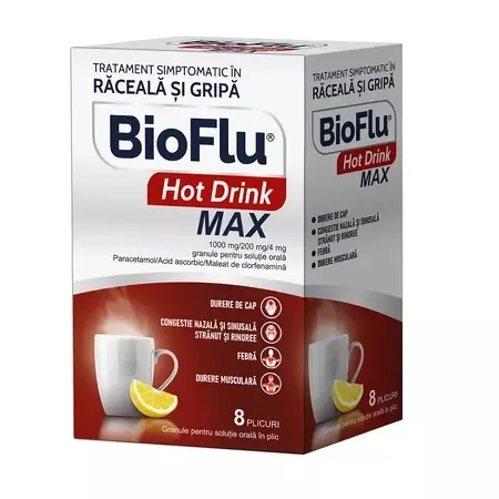 Bioflu Hot Drink Max, 1000mg/200mg/4mg granule pentru suspensie orala, 8 plicuri, Biofarm — preț și oferte