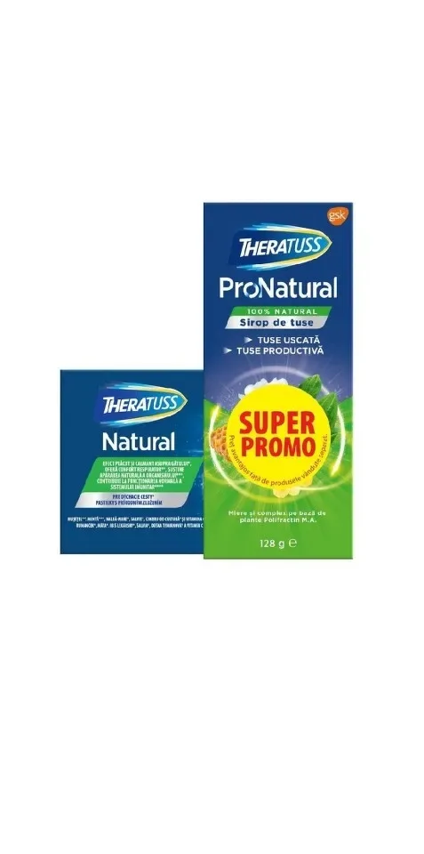 Theratuss ProNatural sirop de tuse, 128g + Theratuss Natural, 16 comprimate de supt, GSK — preț și oferte