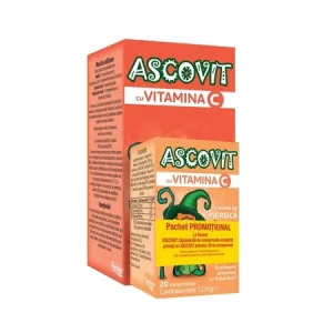 Pachet Ascovit cu Vitamina C cu arama de capsuni 60 coprimate + Ascovit cu Vitamina C cu aroma de piersica 100mg, 20 comprimate, Perrigo