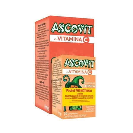 Pachet Ascovit cu Vitamina C cu arama de capsuni 60 coprimate + Ascovit cu Vitamina C cu aroma de piersica 100mg, 20 comprimate, Perrigo — preț și oferte