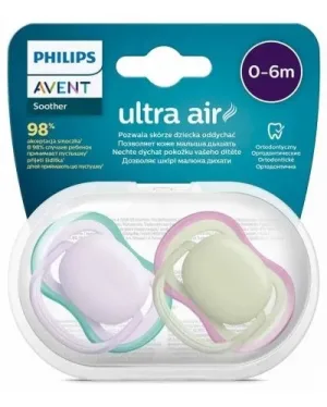 Suzete Ultra Air Mov/Verde, 0-6 luni, 2 bucati, SCF085/24, Avent
