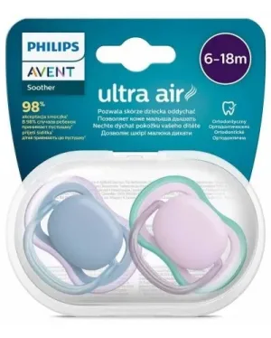 Suzete Ultra Air Albastru/Mov, 6-18 luni, 2 bucati, SCF085/34, Avent