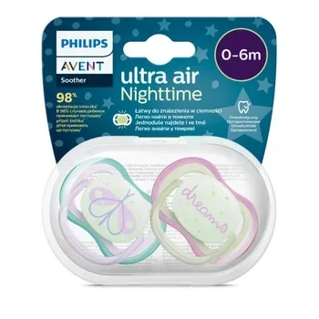 Suzete fosforescente Ultra Air 0-6 luni, Roz/Verde, 2 bucati, SCF376/19, Avent PHILIPS AVENT — preț și oferte