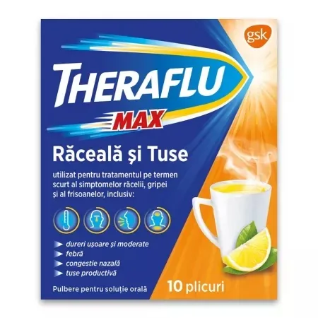Theraflu Max raceala si tuse 1000mg/12,2mg/200mg, 10 plicuri, GSK GLAXOSMITHKLINE — preț și oferte