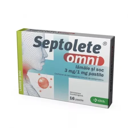 Septolete Omni 3mg/1mg cu gust de lamaie si soc, 16 pastile, Krka — preț și oferte