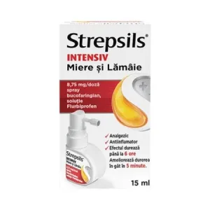 Strepsils Intensiv spray bucofaringian 8,75mg/doza cu miere si lamaie, 15ml, Reckitt