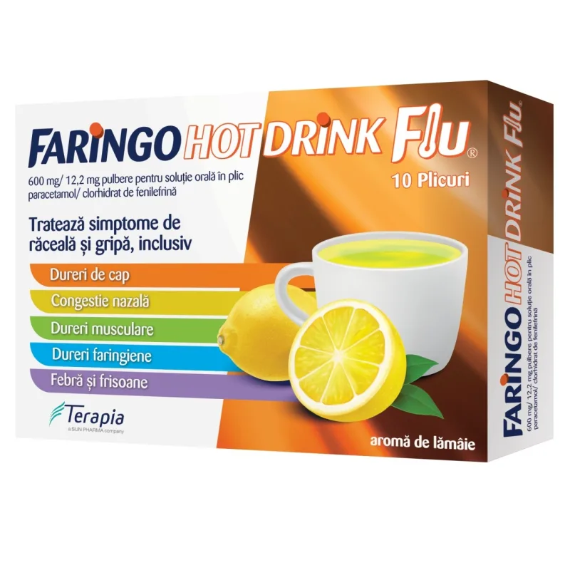 Faringo Hot Drink Flu, 600 mg/12.2 mg, 10 plicuri, Fiterman Pharma FITERMAN PHARMA S.R.L. - ROMANIA — preț și oferte