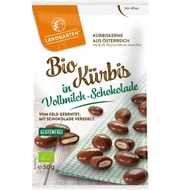 Seminte de dovleac invelite in ciocolata cu lapte fara gluten Bio, 50g, Landgarten — preț și oferte