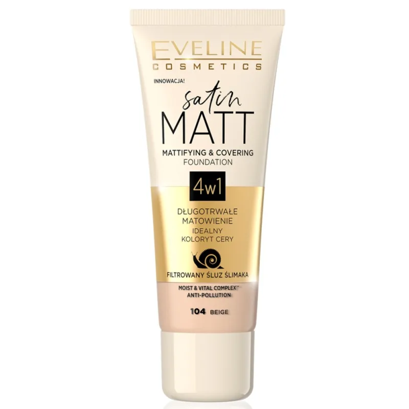 Fond de ten Satin Matt Mattifying & Covering 104 Beige, 30ml, Eveline Cosmetics — preț și oferte