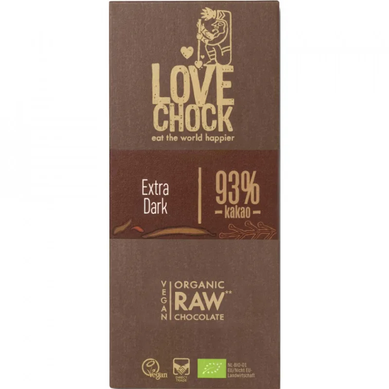 Ciocolata raw vegana 93% cacao Extra Dark, 70g, Lovechock — preț și oferte