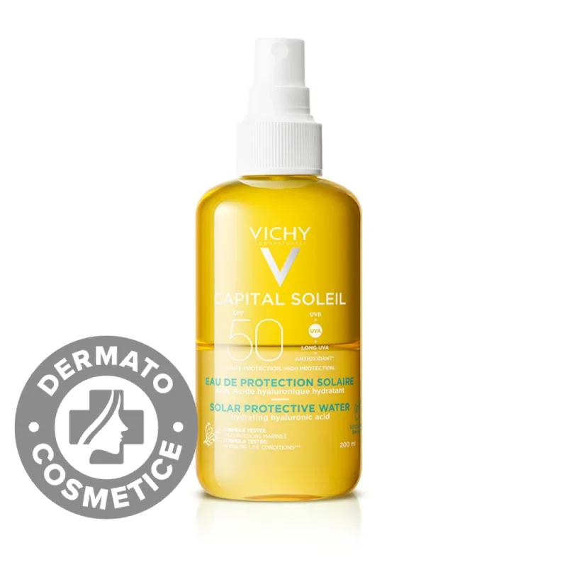 Apa de protectie solara SPF 50 pentru fata si corp cu acid hialuronic Hydra Capital Soleil, 200ml, Vichy — preț și oferte