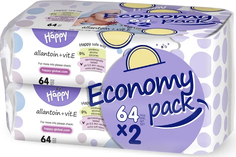 Servetele umede Happy cu vitamina E si alantoina, 2 x 64 bucati, Bella Baby — preț și oferte
