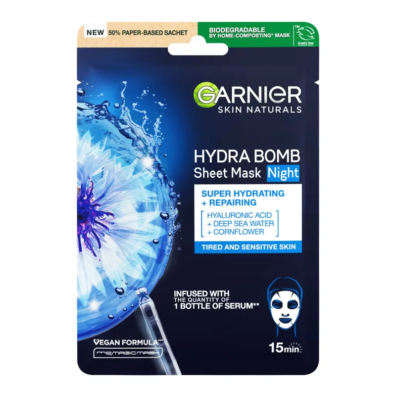 Masca servetel cu extract de albastrele si acid hialuronic pentru hidratare si reparare, 28g, Garnier — preț și oferte