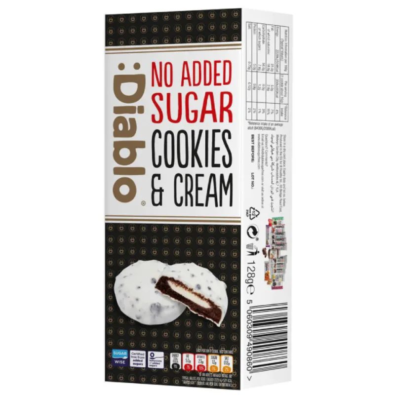 Biscuiti fara zahar cu umplutura de frisca si invelis de ciocolata alba, 128g, Diablo — preț și oferte