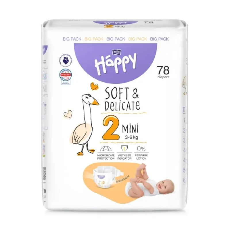 Scutece Happy Soft & Delicate 3-6 kg Mini marimea 2, 78 bucati, Bella Baby — preț și oferte