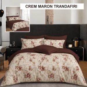 Lenjerie pat FINET (6 piese) crem maron trandafiri 230x250 cm, Ralex | 1 buc
