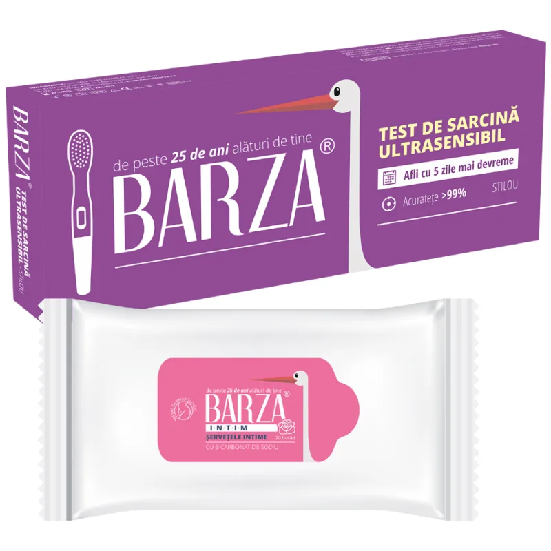 Pachet Test de sarcina ultrasensibil stilou x 1 bucata + Servetele umede x 20 bucati, Barza — preț și oferte