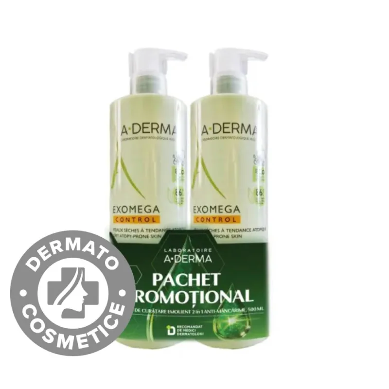 Pachet Gel de dus emoliant 2 in 1 Exomega Control, 2x500 ml, A-Derma — preț și oferte