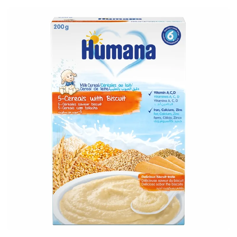 Cereale cu lapte, cu 5 cereale si biscuiti, 200 gr, Humana — preț și oferte