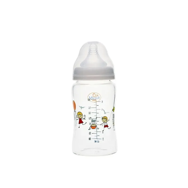 Biberon din sticla borosilicat, gat larg, 180ml, Minut Baby — preț și oferte