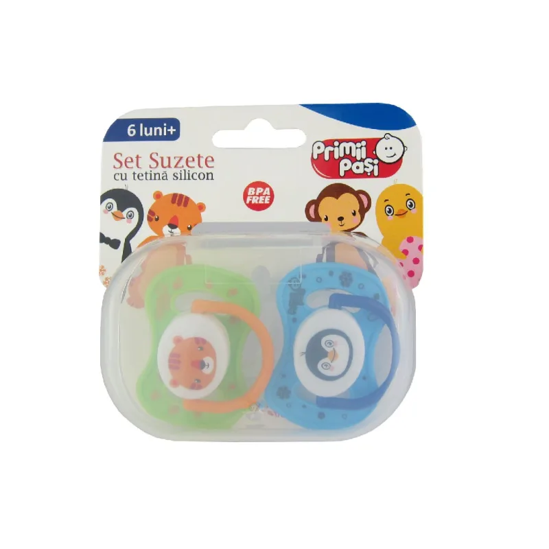 Primii Pasi JP1103 - Set 2 suzete silicon, pinguin-tigru si maimuta-pui, 0-6L — preț și oferte