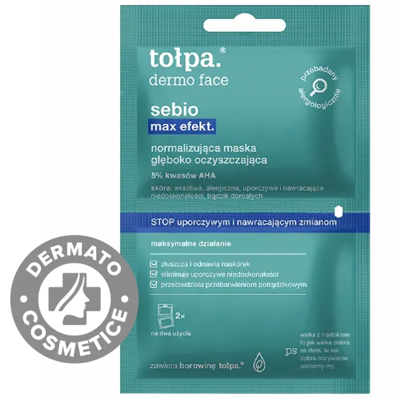 Masca pentru ten gras si acneic cu AHA Dermo Face Sebio Max Efekt, 2x6ml, Tołpa — preț și oferte